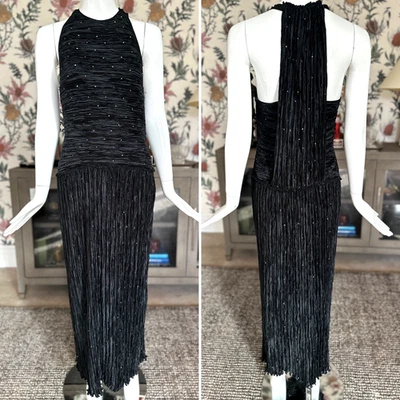 Mary McFadden 1970's Halter Style Pleated Black Evening Dress w Crystal Accents - Image 1 of 4