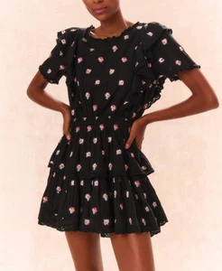 NWOT $345 LoveShackFancy Natasha Dress Black Embroidered Floral M - Picture 1 of 8
