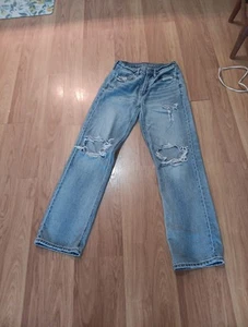 American Eagle Low Rise Baggy Wide Leg Jeans Light Wash Distressed Women’s Sz 4  - Picture 1 of 8