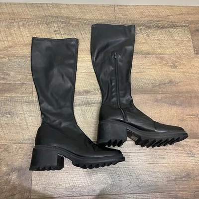 Olivia Negro Retro Vegano Cuero Grueso Plataforma Tacones Botas Talla 9 Hasta la Rodilla Foto 1 de 4