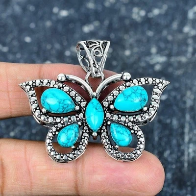 Butterfly Handmade Turquoise Gemstone 925 Sterling Silver jewelry Pendant - Image 1 of 4