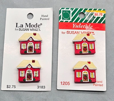 4 Vintage Susan Winget Shank Buttons Red Christmas Cottage House Hand Painted - Image 1 of 4