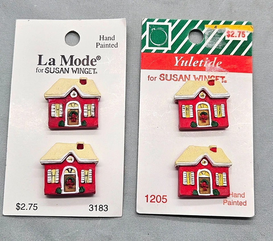 4 Vintage Susan Winget Shank Buttons Red Christmas Cottage House Hand Painted - Image 1 of 4