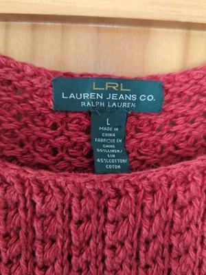 Pulôver feminino Ralph Lauren malha aberta vermelho coral escuro linho mistura de algodão grande - Imagem 1 de 3