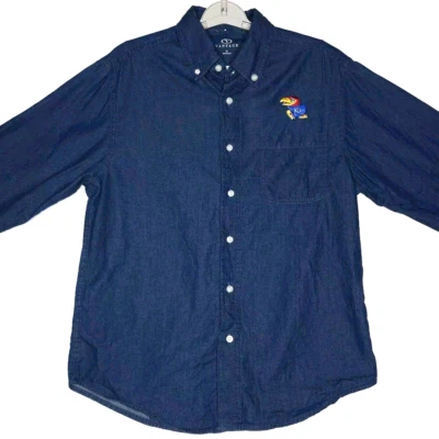 Camisa KU Kansas University Jayhawks Para Hombres Mediana Denim Logo Abotonada Ventaja Foto 1 de 4