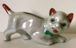 ANTIQUE CROUCHING CAT KITTEN Lusterware Pin Cushion Ceramic Figurine Japan Retro - Picture 1 of 5