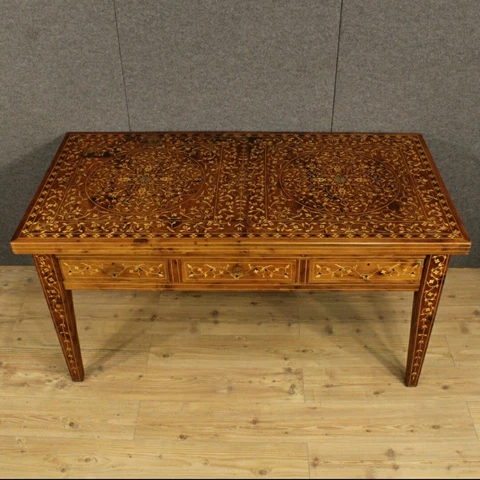 Vintage French Farmhouse Wood Writing Desk Table Inlaid Pearl Art Noveau Mandala Cover