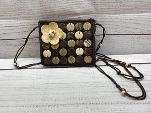 Natural Coconut Shell Cross Body Purse with Coconut Shell Flower Accents * Lined - Picture 1 of 11