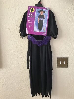 Black Child Witch Dress Costume Size 8-10 Black Jagged Sleeves & Hem Purple Belt - Image 1 of 4