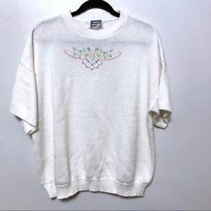 Vintage embroidered sweater short sleeve flower 2X Plus Size - Picture 1 of 4