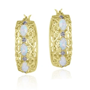 18K on Silver Lab Created Opal & Diamond Hoop Earrings - Picture 1 of 3
