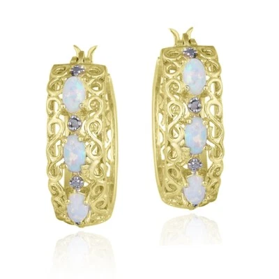 18K on Silver Lab Created Opal & Diamond Hoop Earrings - Image 1 of 3