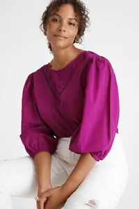Anthropologie Farm Rio Puff Sleeve Blouse Embroidered Bib Purple Size SP NEW - Picture 1 of 4