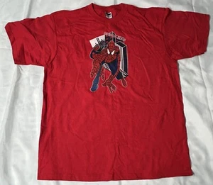 Vintage Spiderman Shirt Mens Large Red Twin Towers NYC Buildings Imperfections - Picture 1 of 8