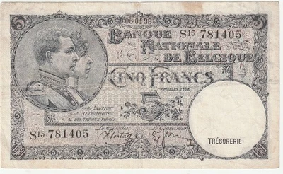 Belgium 5 Francs Banknote 1938 Very Fine-20 Condition Pick#108-A - Image 1 of 2