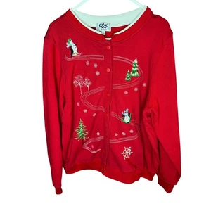 Red Christmas Skiing Penguins Embroidered Button Up Cardigan Sweater Women - Picture 1 of 5