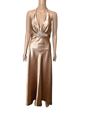 Vestido halter JESSICA MCCLINTOCK GUNNE SAX metálico bronce dorado estrás 5/6 Foto 1 de 4