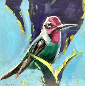 Pintura al óleo original colibrí jardín pájaro decoración de pared 6x6" - Imagen 1 de 5