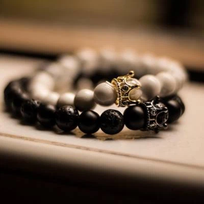 Pulseras de lujo para pareja a distancia con corona de circonita cúbica su rey su reina pulsera de cuentas Foto 1 de 4