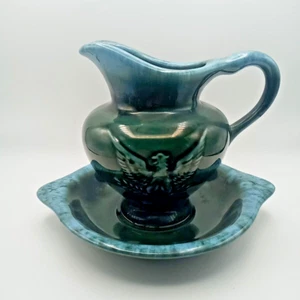 Antique Hull Pitcher & Saucer--U.S.A.- F91/F92-Green Teal Eagle Patriotic Emblem - Picture 1 of 14