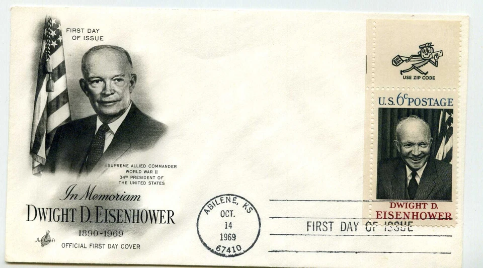 1383 Dwight D. Eisenhower Artcraft, 'use zip code' tab single FDC - Image 1 of 1