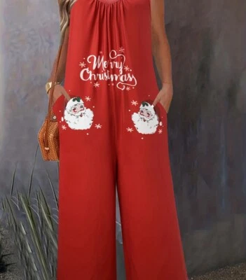 Women's Christmas Snowman Print Adjustable Strap Jumpsuit Wide Leg Loose Size 1X - Image 1 of 4