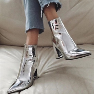 Fashion Women Comfort Patent Leather Block Heel Mid Boots Patent Leather Boots