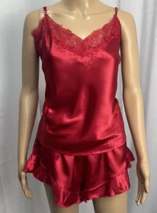 Silky Red Size Large Satin Pajama Set Just Sexy Lingerie Cami Shorts Lace EUC - Picture 1 of 18
