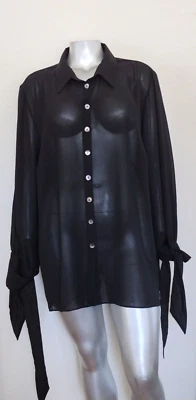 Blusa Top Transparente Avenue Nueva con Etiquetas Talla 26/28 Puños Corbata Manga Larga Botones Aberturas Negra Foto 1 de 4