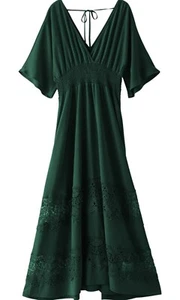 Size XXL. Women's Lace Maxi Dress Short Sleeve V Neck Party Dress Smocked Waist - Picture 1 of 14