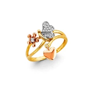 Womens 14K 3C Gold CZ Butterfly Heart Flower Ring Band Fancy Fashion Size 7 - Picture 1 of 1