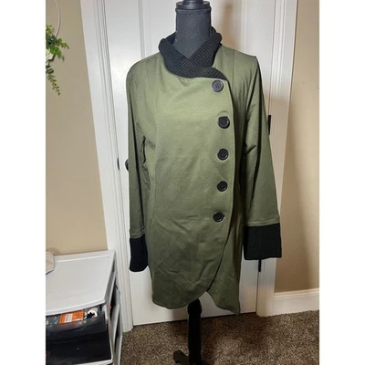 Venus Asymmetrical Button Front Coat Olive Green Black Knit Trim Long Sleeve - Image 1 of 4