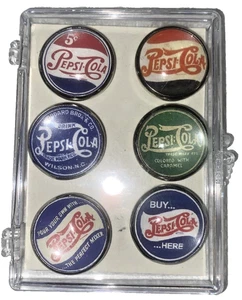 Set of 6 Handmade Glass Dome PEPSI (6 different) Picture Buttons Made in U.S.A. - Picture 1 of 5
