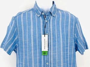 REPORT COLLECTION Men's M Blue Striped Cotton Short Sleeve Button Down Shirt NWT - Picture 1 of 13