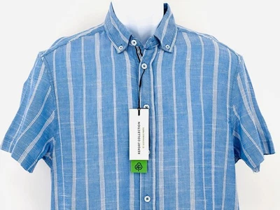 REPORT COLLECTION Men's M Blue Striped Cotton Short Sleeve Button Down Shirt NWT - Image 1 of 4