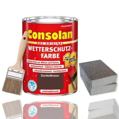 Consolan Wetterschutzfarbe 5 l Dunkelbraun Holzschutz Schleifen Pinsel Set - Bild 1 von 4