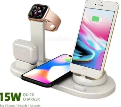 BASE RICARICA 4 in 1 WIRELESS iPhone Smartphone Cuffie MULTIFUNZIONE USB Type-C