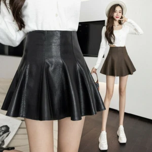 Damen Pu Leder Hohe Taille Plissee Minirock Slim Fit Kurz A Linie Kleid - Bild 1 von 14