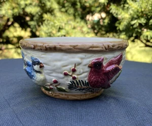 Vintage Knollwood Sonoma Home Goods Winter Bird Bowl 4.5” Blue Jay Cardinal - Picture 1 of 8