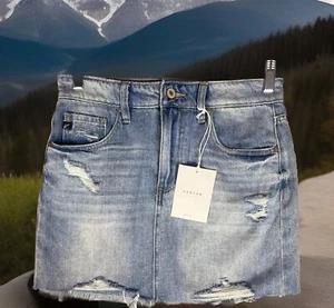 KANCAN DISTRESSED ACID WASH BLUE JEAN MINISKIRT RAW HEM SZ LARGE NEW W TAGS - Picture 1 of 8