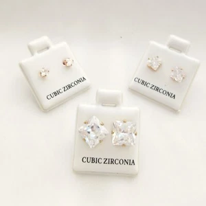Ear Stud Set of 3 Pairs Square Goldtone Clear Cubic Square Earrings New - Picture 1 of 10