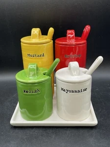 Condiment Set Pottery Barn Picnic BBQ Ketchup Mustard Relish Mayo Spoons Tray - Picture 1 of 17