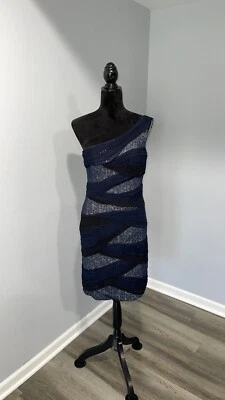 Tadashi Shoji Vestido Cóctel Un Hombro Azul Marino Negro Lentejuelas Talla 8 Foto 1 de 4