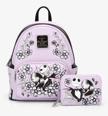 Mochila e CARTEIRA Loungefly Nightmare Before Christmas Jack Sally floral lavanda - Imagem 1 de 4