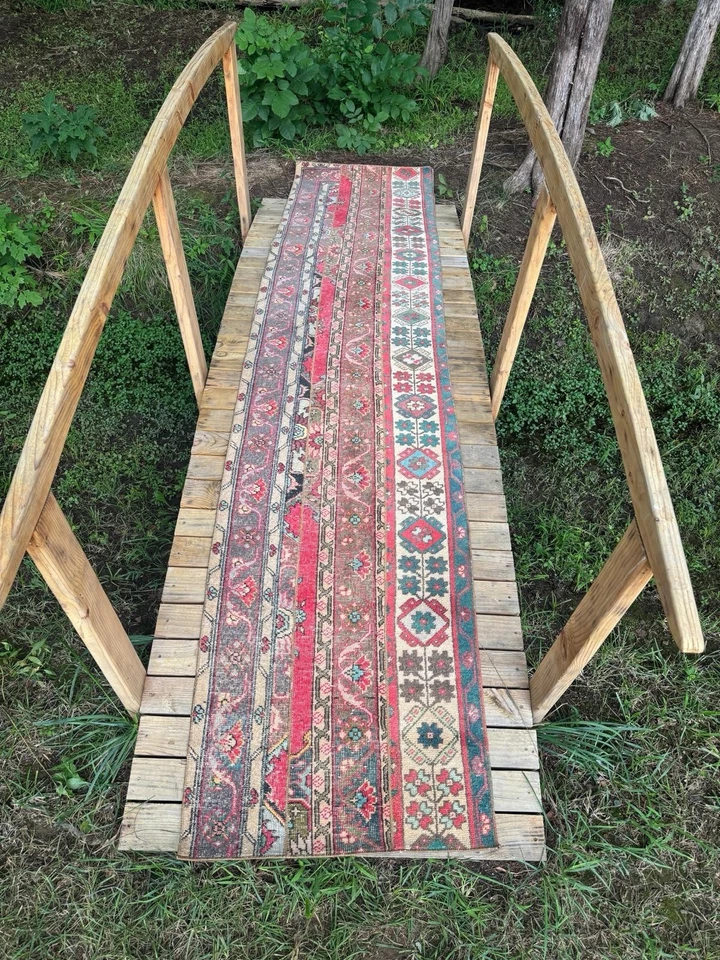 Antigua alfombra turca RUNNER 2,5x11,2 | Alfombra de lana roja verde de varias rayas Foto 1 de 1