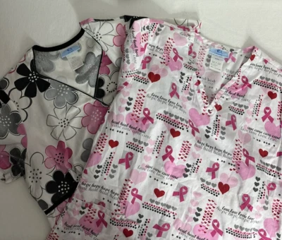 Lot of 2 SB Scrubs Woman’s Size Small Floral Breast Cancer Heart Scrub Top - Image 1 of 4