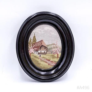 Vintage Arazzo Immagine Paesaggio IN Cornice Legno, Fatto a Mano (23 X 27,5 CM - Picture 1 of 5