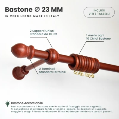 Bastone tenda in Legno ∅ 23 mm Set completo Accessori inclusi - Asta Su Misura - Immagine 1 di 3