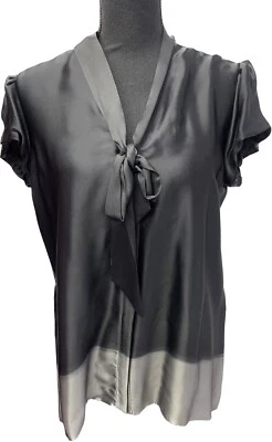 Theory Brionel Sidewalk Charcoal Silk Neck Tie Blouse Top Short Sleeve L NEW - Image 1 of 4