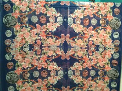 Flor de cerezo moneda antigua tela de gasa azul, 59" de ancho, se vende por comprar Foto 1 de 4